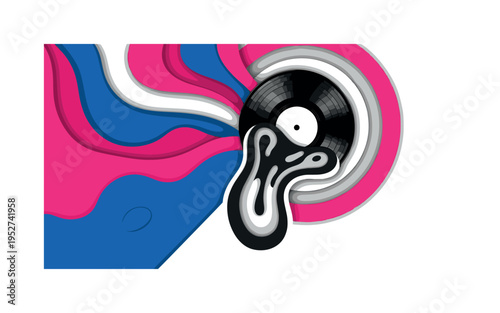 Monochrome vintage vinyl record melting into abstract psychedelic waves, bold concentric circles expanding outward, flat geometric color fields intersecting