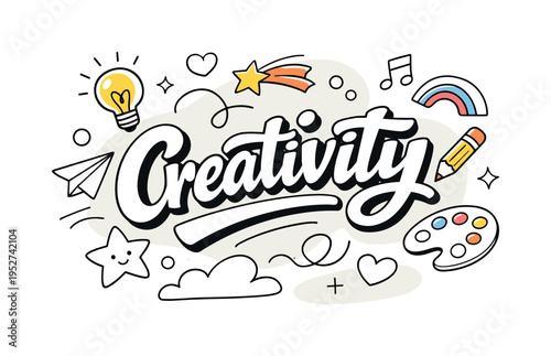 Hand-drawn typography creativity. Bold hand-lettered words floating freely, playful curves and uneven strokes expressing personality. Lively artistic mood with