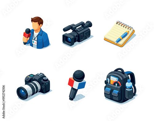 News Journalism. Isometric flat vector icons set of News Journalism: reporter holding microphone with press badge, professional video camera with top handle,