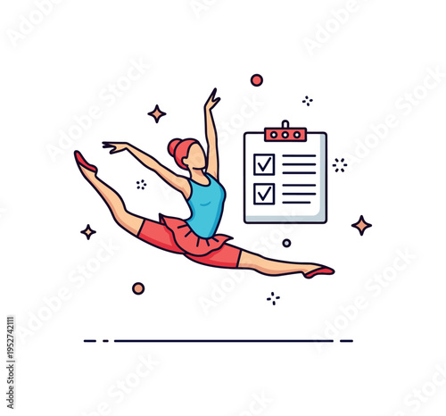 Rhythmic dance sport theme represented by a solo dancer mid leap with a small scorecard icon beside them, symbolizing technique and evaluation in competition.