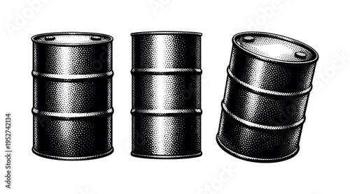 Industrial steel drum shown in three views: front view, side profile, and angled perspective emphasizing the cylindrical body, reinforced ribs, and sealed lid.