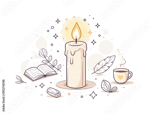 Candle flame glowing in quiet stillness. A single tall candle with soft melting wax, gentle warm light radiating outward, tiny floating sparkles around the