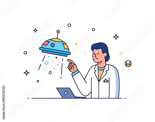 Alien artifact analysis human scientist examining a floating extraterrestrial device emitting subtle light patterns, representing curiosity and technological