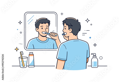 Daily toothbrushing routine. A person calmly brushing teeth in front of a mirror with a glass and toothbrush nearby. Personal hygiene habit, freshness, clean