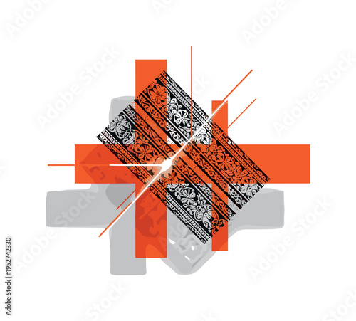 Black and white traditional costume detail with embroidered textures, intersected by bold orange abstract blocks and thin diagonal lines, sharp flash of light