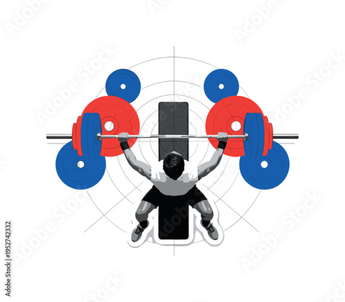 Black and white bench press athlete viewed from above, bold red and cobalt blue flat geometric shapes forming abstract weight plates around, concentric circles