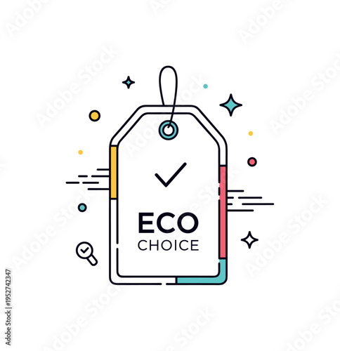 Eco certified product tag hanging label with a clean border, small checkmark icon, and the words Eco Choice subtly integrated. A refined concept