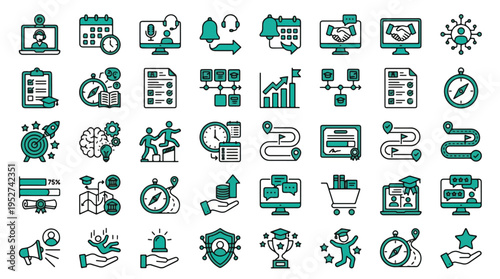 Sound Design Icon Set in linear style. A collection of audio production icons, including microphone, keyboard, mixer, headphones, waveform, fader, midi, synth, and more. Editable stroke.