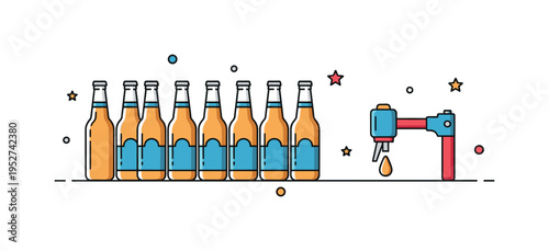 Bottling homemade beer scene illustrated with a row of identical bottles aligned neatly and a small capper tool icon, conveying precision and final