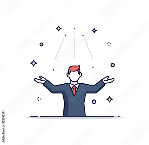 Stage presence and body language concept centered on a confident silhouette with open arms and subtle spotlight rays above, conveying charisma and control. The