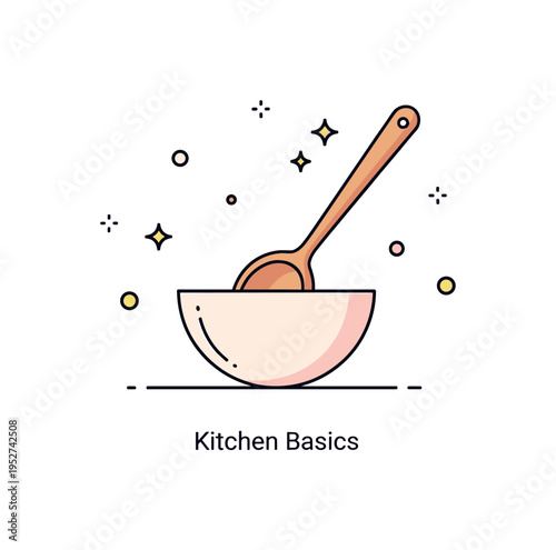 Cooking preparation scene featuring a wooden spoon resting inside a simple mixing bowl. Tiny sparkle accents and a ?Kitchen Basics? text detail communicate