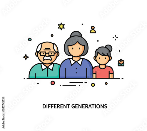 Documenting different generations family portrait concept featuring three simplified figures representing elderly, middle aged, and young people standing side