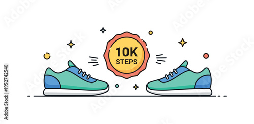 Step count competition compact scene with two sneakers facing each other and a central badge labeled 10K Steps, symbolizing daily activity goals and playful