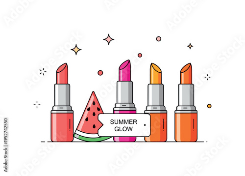 Vibrant summer lipstick shades arranged as open lipstick tubes in coral, watermelon pink and bright tangerine, expressing confidence and sunny energy. A