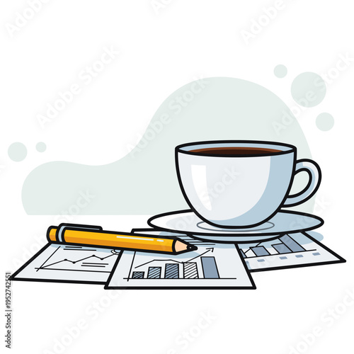 Cup of coffee with pencil and financial papers on table. non editable strokes
