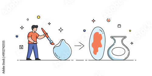 Artisan at work illustrated by a single person holding a paintbrush while a simple unfinished shape transforms into a refined object, symbolizing the journey