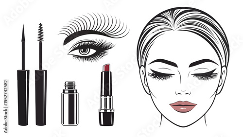 Vector illustration of woman's face with makeup products and eye close up beauty branding