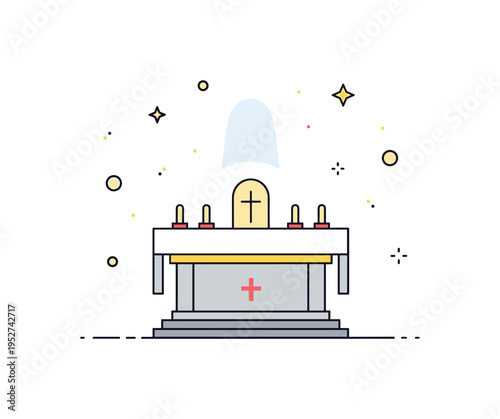 Modern church altar minimal design centered on a clean altar table with a small cross and soft light accent above, expressing contemporary spirituality and