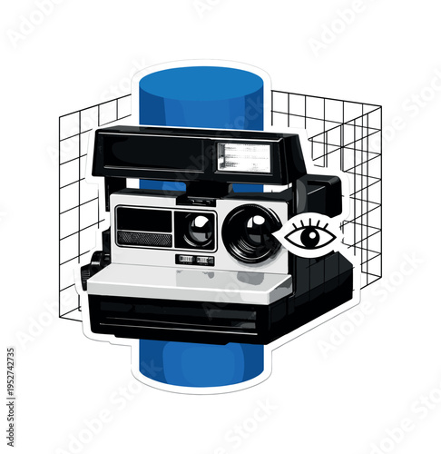 Black and white classic instant camera overlapped with blue cylinder and structured linear grid, small geometric eye symbol floating near lens, white outline