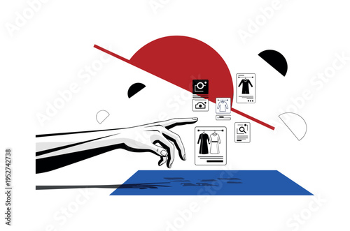 Black and white stylized avatar hand interacting with floating wardrobe interface icons, oversized red semicircle anchoring the upper composition, cobalt blue