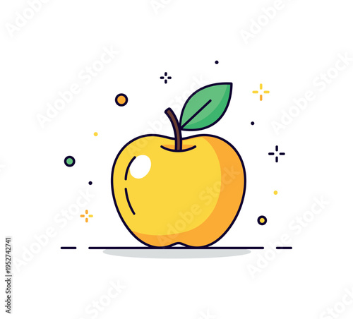 Bright apple with leaf accent centered in a compact layout with a soft shadow base, expressing purity and simplicity. The scene highlights organic appeal and