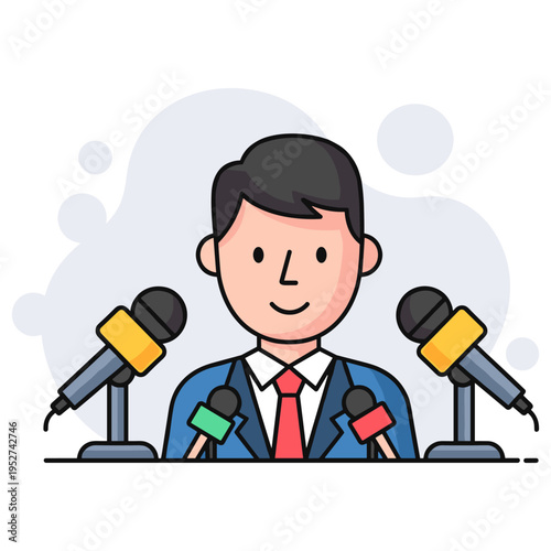 Man speaking at press conference behind multiple microphone stands. non editable strokes