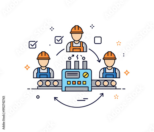 Production line teamwork showing three simplified worker figures positioned around a central machine unit, expressing coordination, shared responsibility, and