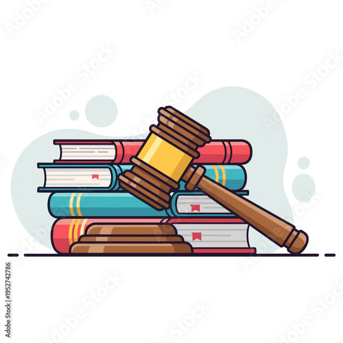 Gavel resting on stacked law books on neutral background. non editable strokes