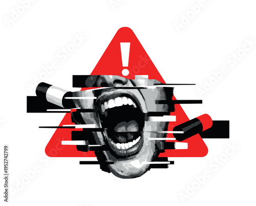 A black-and-white human mouth mid-shout, fragmented into collage layers, intersected by glitch-like horizontal lines and a large red warning triangle behind