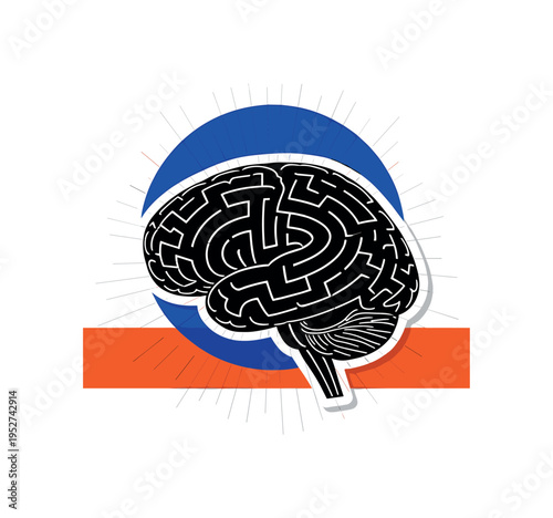 Black and white maze shaped like brain viewed from above, vivid cobalt blue circle centered behind, bright orange rectangular block grounding composition, thin