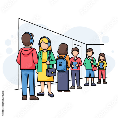 Group of people standing in queue inside public building interior. non editable strokes
