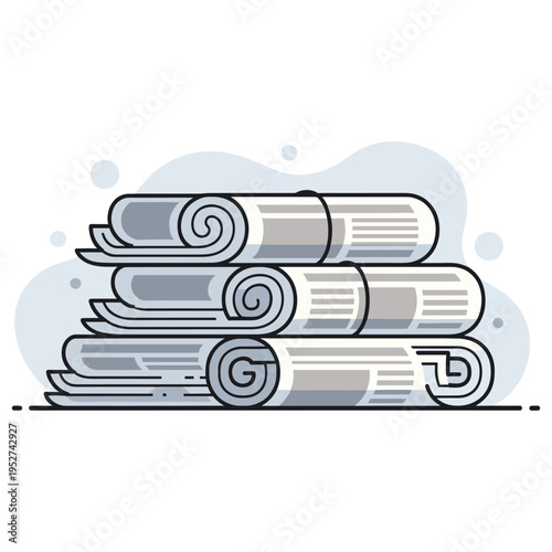 Rolled newspapers stacked on white background illustration. non editable strokes