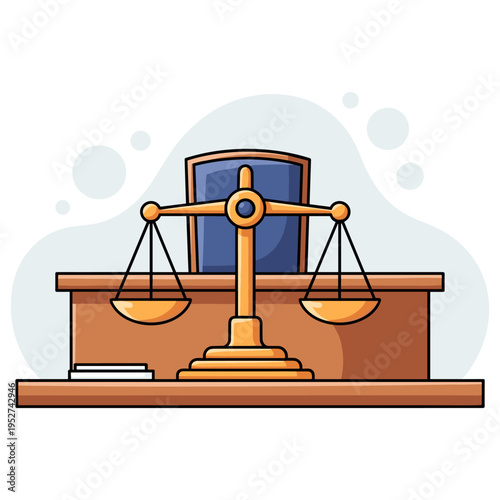 Justice scales balanced on judge bench in courtroom setting. non editable strokes