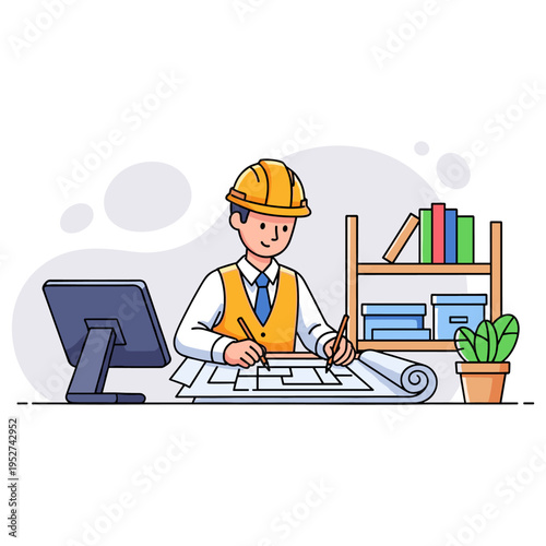 Civil engineer drawing blueprints at office desk with computer monitor and plant. non editable strokes
