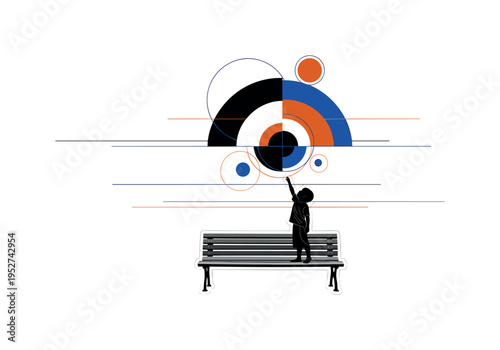 A monochrome park bench with a child standing on it reaching upward, large geometric semicircles and circular halos representing imagination, thin horizontal
