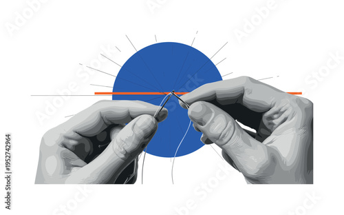 Black and white fingers threading a needle in detailed close-up, bold electric blue circular backdrop intersected by orange horizontal stripe symbolizing