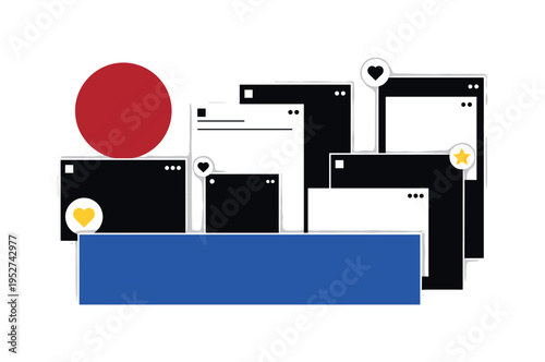 Black and white abstract feed layout made of rectangles and circles resembling posts and stories, large deep red circle dominating upper frame, cobalt blue