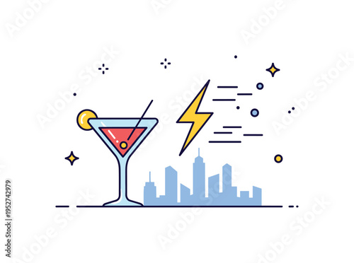Urban nightlife stress release concept shown as a martini glass icon beside city skyline silhouette and lightning bolt fading into calm lines, expressing