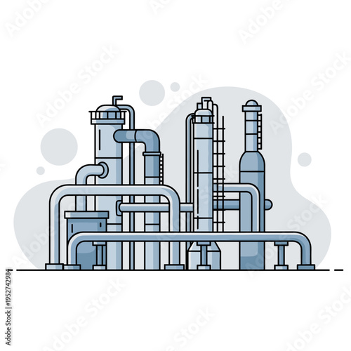 Industrial refinery complex with pipelines and storage towers. non editable strokes