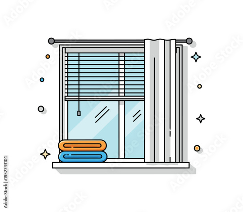 Fresh interior window style showing a bright window framed by simple blinds with folded curtain fabric placed neatly to the side, symbolizing decluttering and