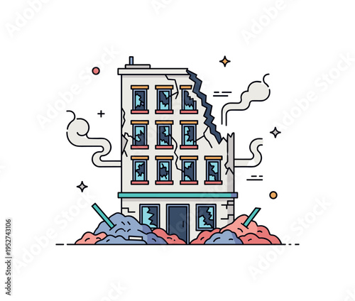 War damaged city block showing a fractured building facade with shattered windows and debris piled at the base, expressing conflict impact in a simplified