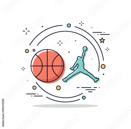 Street sports youth culture badge combining a basketball and a simplified jumping silhouette arranged in a circular emblem. The compact design reflects