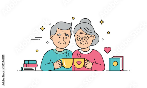 Lifelong love and shared stories over tea represented by an older couple smiling gently while holding cups close to each other, symbolizing warmth
