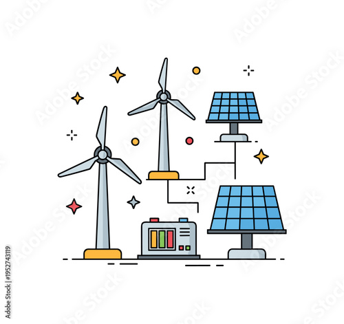 Hybrid renewable power station combination of wind turbines, solar panels, and a small battery storage unit connected by simple lines, expressing integrated
