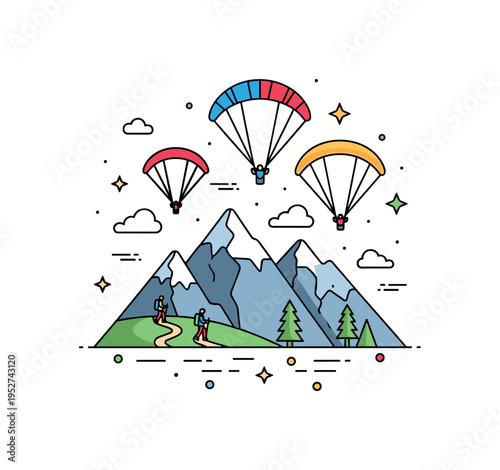 Paragliders soaring above a mountain range with colorful sails and tiny hikers on trails below, capturing adventure and freedom in a compact scene. Minimalist