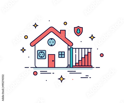 Childproof home concept featuring a house icon with subtle outlet cover and stair gate symbols, representing protection for young family members. The badge