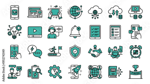 World Music History Icon Set in Linear Style. A collection of musical culture linear icons, including sitar, harp, drum, flute, lute, composer, timeline, gong, djembe, xylophone