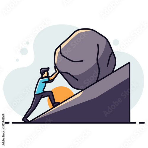 Man pushing boulder uphill on steep slope illustration. non editable strokes