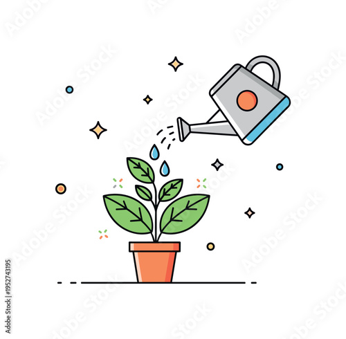 Home plant care routine shown as a watering can pouring droplets onto a thriving houseplant with subtle sparkle accents, symbolizing consistency and nurturing