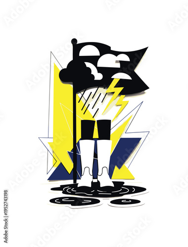 Black and white boots standing firmly in puddles with flag rising upward from the frame, abstract semicircles symbolizing storm clouds and diagonal beams